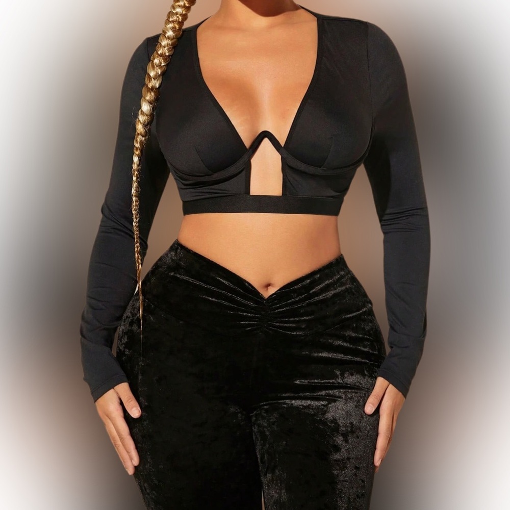 Sexy Elegant Black Long Sleeve Crop Top / Plus Size Deep V-Neck Fishbone - Picture 2 of 4